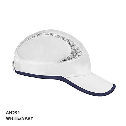 A white and navy Runner Cap featuring mesh panels and a curved brim, designed for headwear comfort.