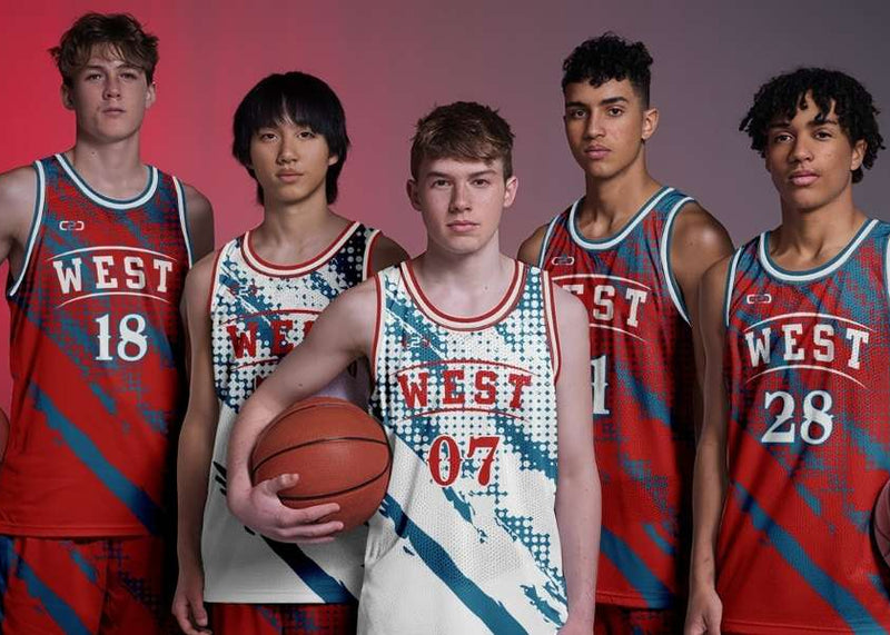 Five players wearing custom West basketball uniforms, three holding basketballs