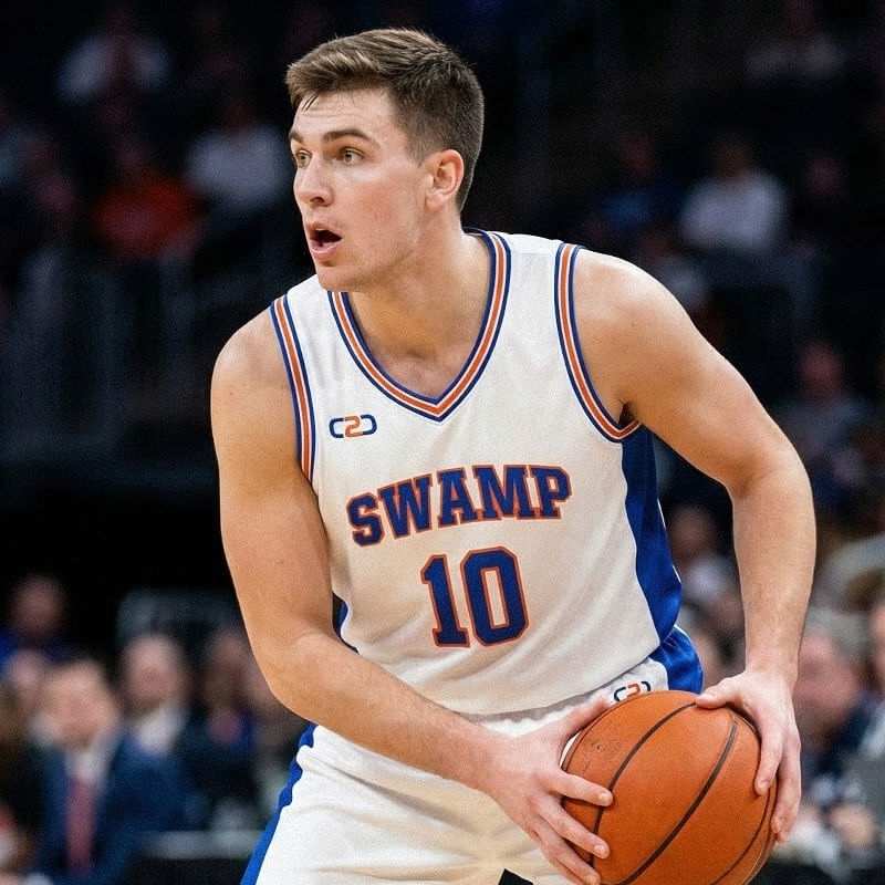 College basketball player in a custom 'Swamp' team jersey with number 10, holding a basketball against a blurred crowd background