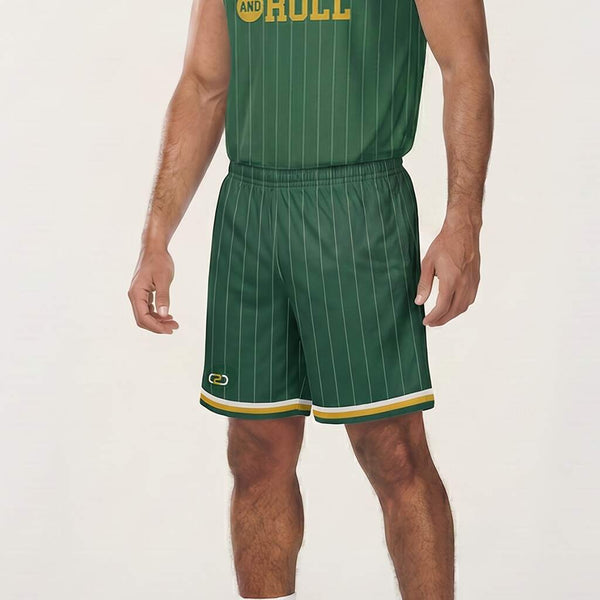 Green pinstripe basketball uniform with above the knee cut shorts